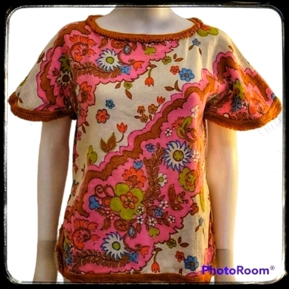 Vintage Tops - HANDMADE 1960s-1970s Flower Power Mod Burlap Short Sleeve Festival Blouse